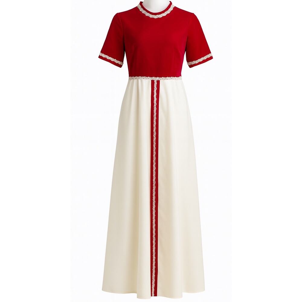 Vtg 70s Lorrie Deb Dress Red White Velvet Empire waist Maxi Women 8 10 Formal